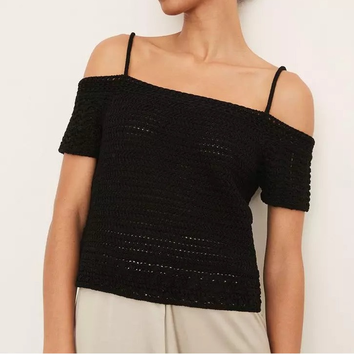 Vince Black Crochet Organic Cotton Open Shoulder Tank Shirt